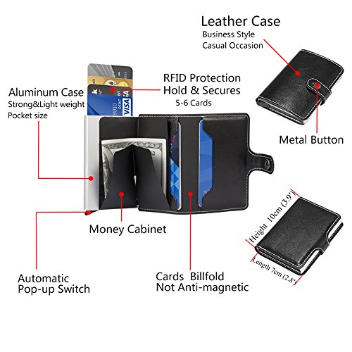 Dlife Credit Card Holder RFID Blocking Wallet Slim Wallet PU Leather Vintage Aluminum Business Card Holder Automatic Side Slide Trigger Card Case Wallet Security Travel Wallet (Black)3