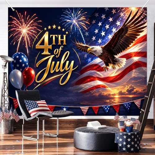 Image of BlissYard Fourth of July Decorations Backdrop Independence Day Patriotic Holiday Party Banner 8x6ft USA Celebration Decor Liberty Eagle Fireworks Patriotic Event Decoration Veterans Day Memorial Day