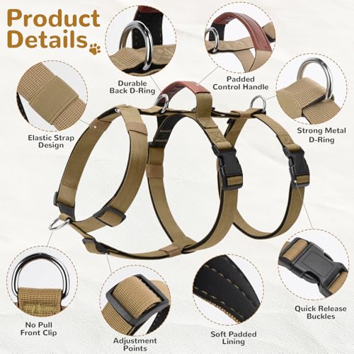 Ledeak Hundegeschirr Ausbruchsicher, Anti Zug Sicherheitsgeschirr Hund, Verstellbare Brustgeschirr mit Gepolstertem Griff, Ausbruchsicheres Geschirr für Hunde Training & Spazieren (Khaki, XL)