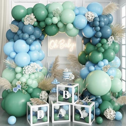 Image of Dusty Slate Blue and Green Garland Balloon Arch Kit, 118pcs Baby Blue Green Party Balloons Balloons for Boys Baby Shower Jungle Woodland Ocean Beach Under The Sea One 1st Birthday Party Decorations