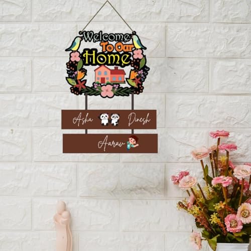 Image of Webelkart Premium Wooden Welcome To Our Home Customised Wall Hanging Name Plate For Home Entrance outdoor, Wooden Hanging House Name Plate - (16 x 10 inches)