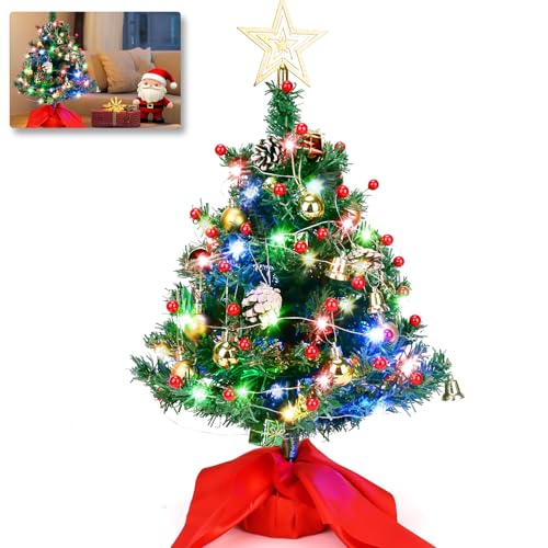 20' Tabletop Mini Christmas Tree, Artificial Small Xmas Tree Decor with 50 LED String Lights,Star, Holly Berries, Ornaments and Wooden Base for Holiday Season Decorations Christmas DIY