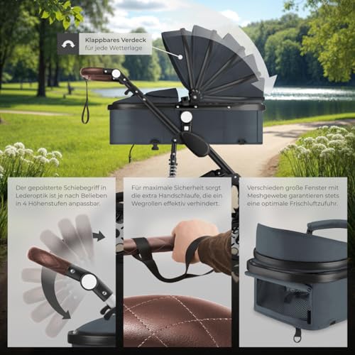 tectake® 2 in 1 Kinderwagen, klappbarer Kinderwagen Buggy mit Liegefunktion, mit Fußsack Buggy, Buggy mit Getränkehalter, herausnehmbarer Babywanne und Regenschutz - anthrazit
