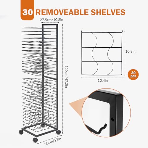 Image of GENMOUS Art Drying Rack, Metal Painting Drying Rack with 30 Removable Shelves, Art Storage Rack with Lockable Wheels for Art Studio Classroom School, 47.2 x 10.8 x 12 Inches