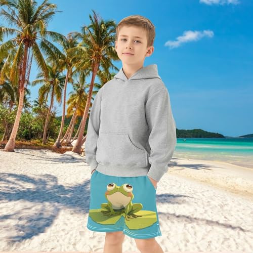 Boys Casual Shorts, Athletic Gym Shorts Elastic Waist with Pockets Green Cartoon Frog Summer Sports Homewear 7-15Y4