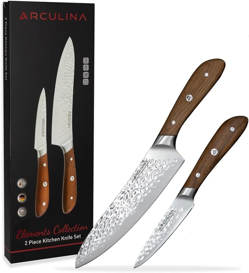 โ Knife Set includes Chef's Knife 8" and Paring Knife 4", Elements Collection, High Grade German Steel Hammered Blade with Ashwood Handle
