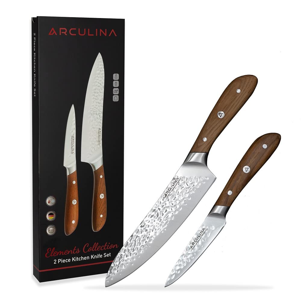 Sponsored Ad – Knife Set includes Chef's Knife 8" and Paring Knife 4", Elements Collection, High Grade German Steel Hammered Blade with Ashwood Handle