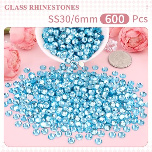 Image of 600PCS SS30 /6mm Crystal Glass Rhinestones for Bedazzling (Aquamarine) | Flatback Rhinestones for Crafting DIY Nail Art Makeup Decoration, Gems Diomand Charms for Tumbler Shoes Clothing Mug