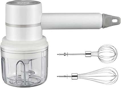 LOZOX Portable and Cordless USB Rechargeable Hand Mixer, 20W Powerful 3 Speed Garlic Chopper Egg Beater, Food Processor with 300ML Glass Container, Electric Whisk for Cooking Baking (Standard, White)
