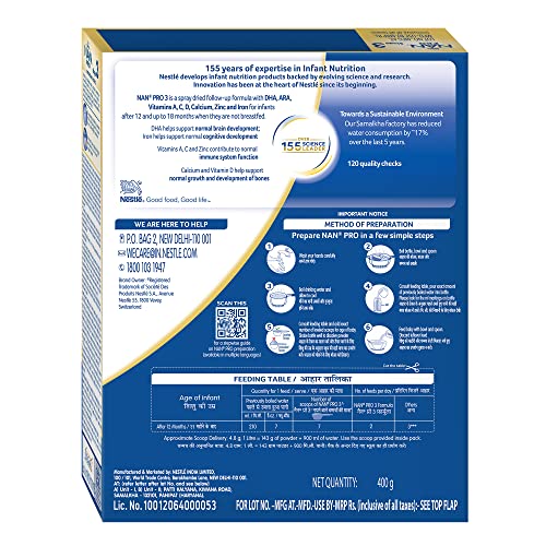 Image of Nestle NAN PRO 3 Follow-Up Formula Powder - After 12 months, Up to 18 months, Stage 3, 400g Bag-In-Box Pack & Nestle Nan Lo Lac Infant Formula Powder, Upto 24 months - 200 g Bag-In-Box Pack COMBO
