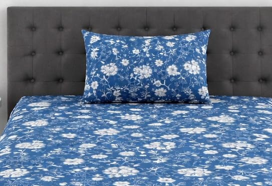 Image of DECOR2ADMIRE 300 Thread Count Premium Cotton Printed Single Bedsheet with One Pillow Covers for Home 60 Inches x 90 Inches (Blue Floral, Single 60 inch x 90 inch)