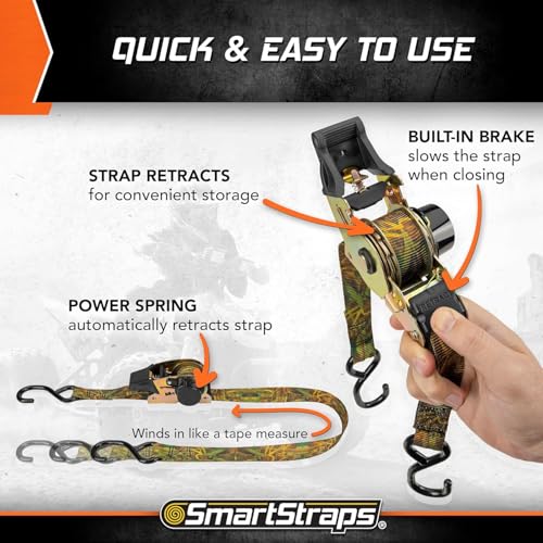 Image of SmartStraps 10' Retractable Ratchet Straps, 2 Pack - Heavy Duty Camo Ratchet Straps, 3,000lb Break Strength, 1,000lb Safe Work Load - Haul Motorcycles, Boats, and Appliances with Patented Technology
