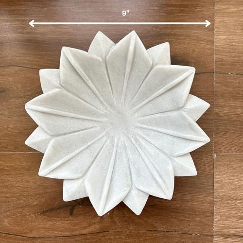 Image of Marble Urli Bowl for Decoration | Big Potpourri Decorative Bowls in Home decor | Large White Floating Flower Plates of Stone | Small Shape puja Item | (9 inch, Lotus Crest)