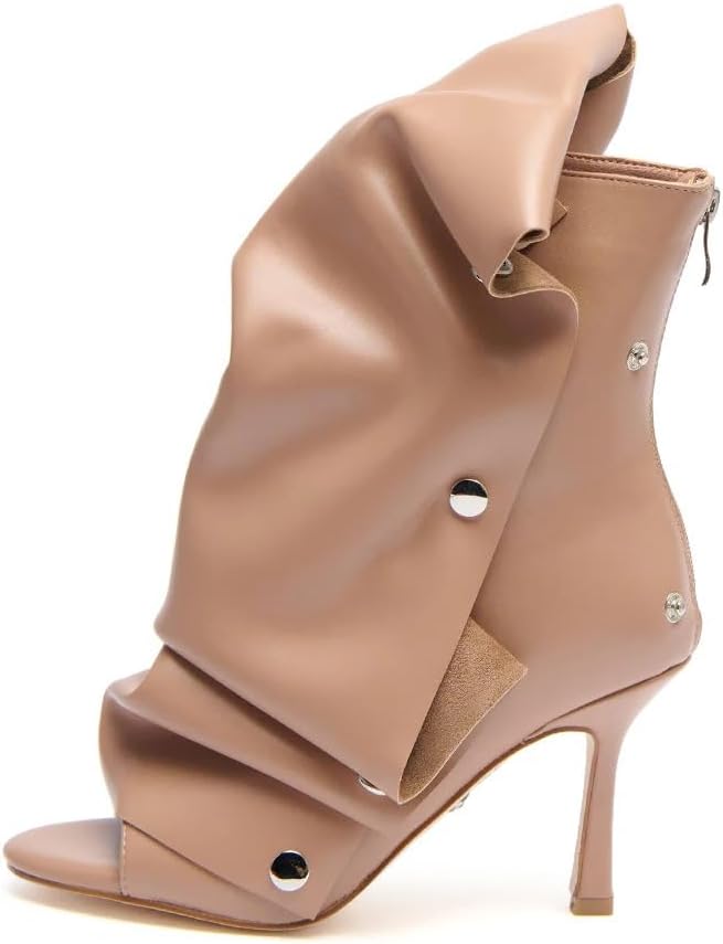 sexytag Women's Peep Toe Booties Slouchy Stiletto Kitten Heel Shark Boots Open Toe Back Zipper Fashion Ankle Short Boot