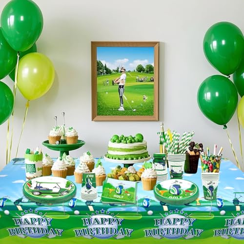 Obussgar Golf-Partydekoration – Golf-Geburtstagsparty-Geschirrzubehör einschließlich Teller, Becher, Servietten, Tischdecken, Strohhalme – für 20 Personen