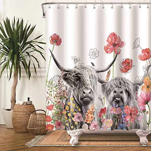 Bovlleetd Vache Rideau de Douche Campagne Style Rural Highland Vache Fleur Salle De Bains Rideau Drôle Ferme Animal Dessin Fleur Art Décoratif Rideau Chambre Décor Rideaux 180x200cm Cover