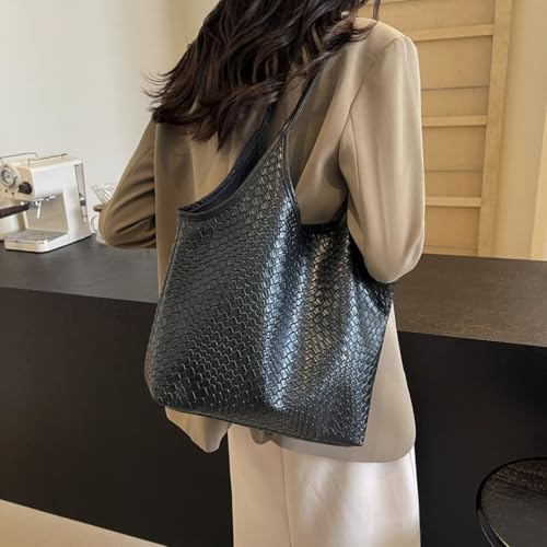 Image of Leather Tote Bag for Women Top-handle Shoulder Bag, Leather Woven Beach Bag Hobo Bags Soft Vegan Crossbody Handbag Underarm