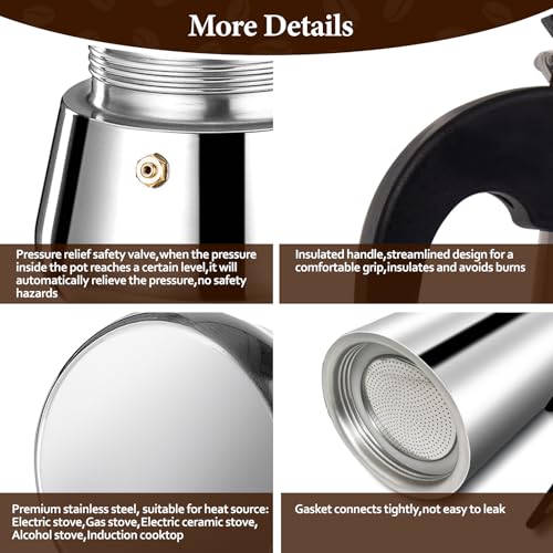 Vaolvpant 4 Cup Moka Pot Percolator Italian Coffee Maker 200ml Stovetop Espresso Mocha Stainless Steel Greca Coffee Maker Classic Cafe Makers Suitable for Induction Cookers Ceramic Stoves Tummy
