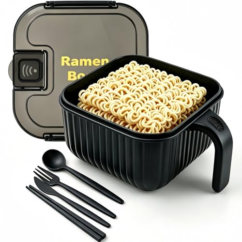Ramen Bowl Set Ramen Noodle Bowls for Large Square or Round Noodle Microwavable 45 oz Ramen Cooker Microwave Pasta Cooker Food Container Microwave Gift for College Male Female Dorm Room(black)