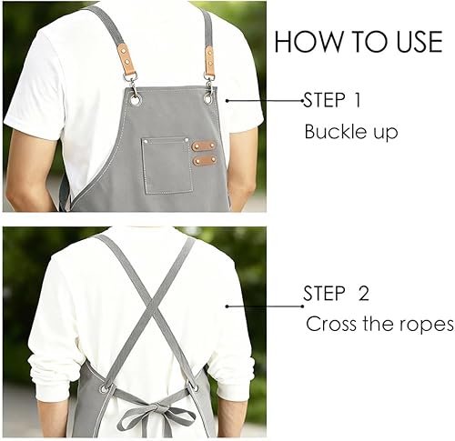 Miniatura 4 de Delantal de chef para mujeres y hombres con bolsillos, delantal de jardinería ajustable de lona de algodón con espalda cruzada