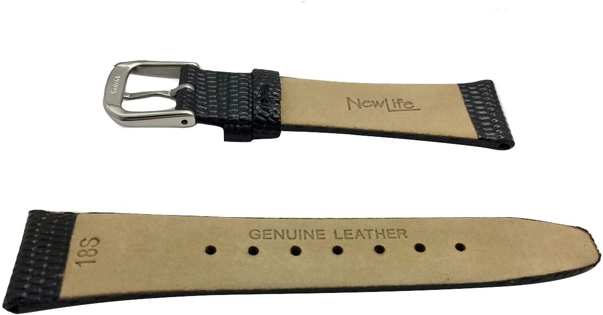 NewLife 18mm Short Size, Black Genuine Leather Watchband | Round Lizard Grain, Flat Replacement Watchstrap that brings to Any Watch (Mens Short Length)