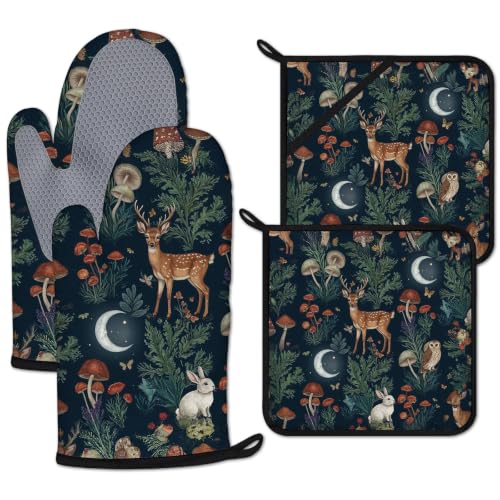 Deer Mushroom Forest Oven Mitts and Pot Holders Sets 4 Pcs Wild Animal Botanical Silicone Kitchen Gloves Heat Resistant Potholders for Baking Grilling BBQ