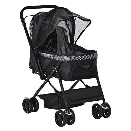 PawHut Passeggino per Cani Piccoli Pieghevole con Maniglione Girevole Ruote con Freni in EVA, Passeggino Cane con Cestino Portaoggetti, 76.5x52x95cm, Nero