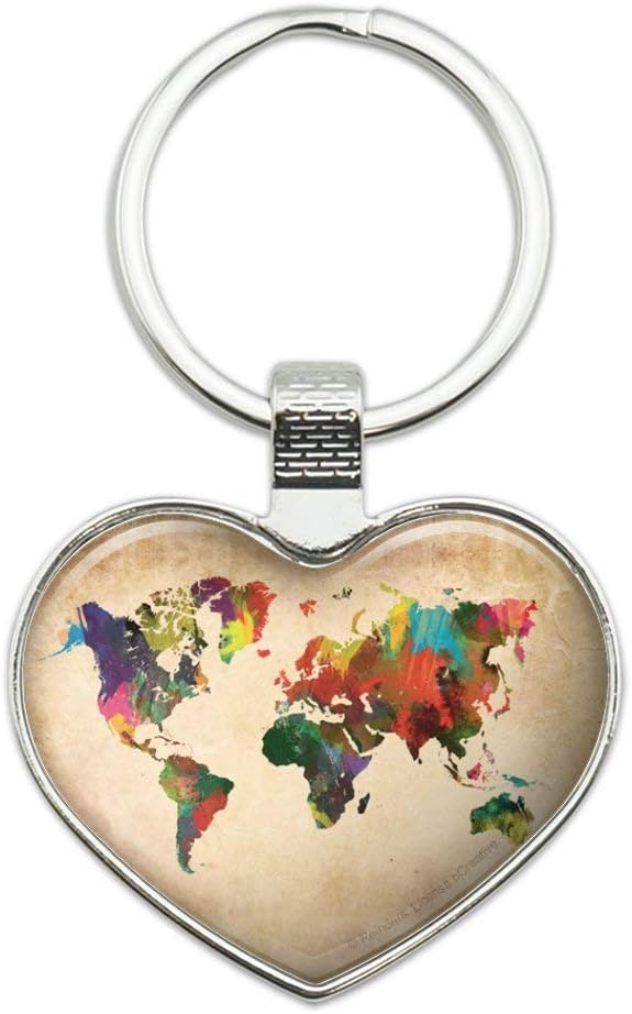 Colorful Rainbow Map of the World Earth Globe Keychain Heart Love Metal Key