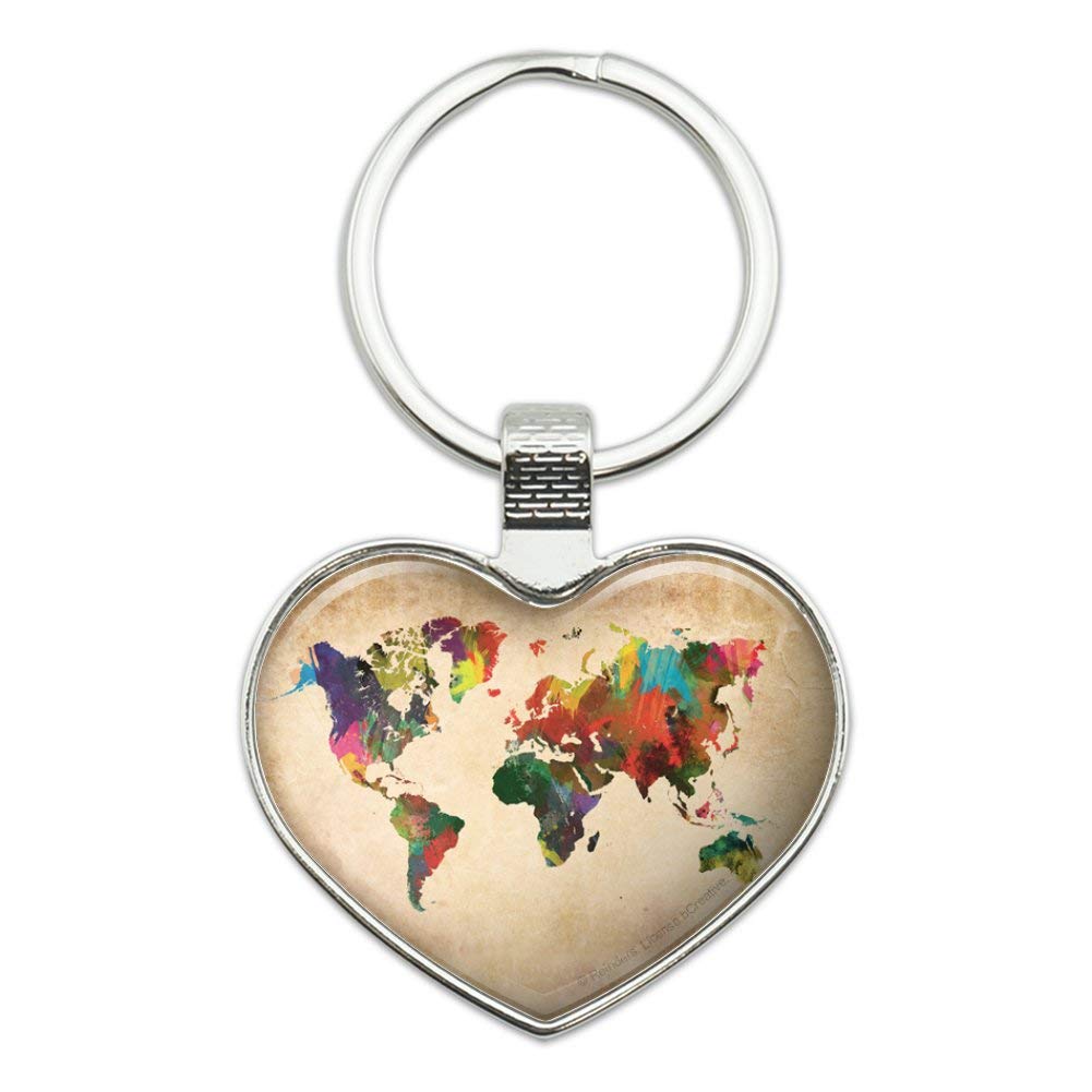 Colorful Rainbow Map of the World Earth Globe Keychain Heart Love Metal Key Chain Ring