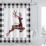 Christmas Shower Curtain for Bathroom Buffalo Plaid Deer Merry Christmas Shower Curtain Sets for Far