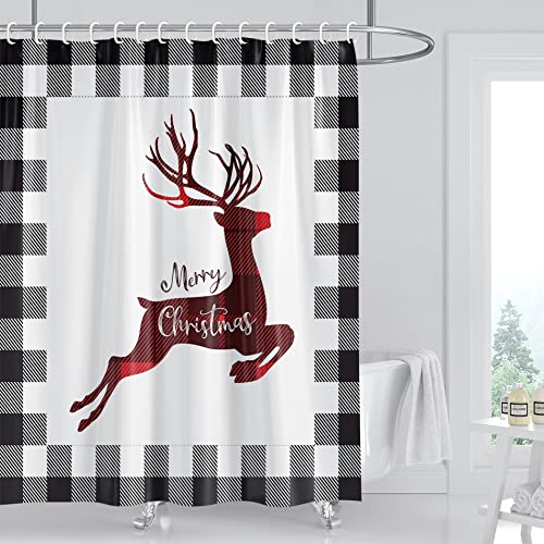 Christmas Shower Curtain For Bathroom Buffalo Plaid Deer Merry Christmas Shower Curtain Sets For Farmhouse Winter Xmas Holiday Bathroom Decor, Waterproof Fabric With 12 Hooks, 72 X 72 Inches #TOP17