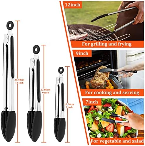 HENSHOW Kitchen Tongs Set of 3, 7,9 and 12 Premium Stainless Steel Cooking Tongs, Non Stick and Heat Resistant Handle, Silicone Tongs for Cooking, Serving, Barbecue, Buffet, Salad, Oven, Air Fryer
