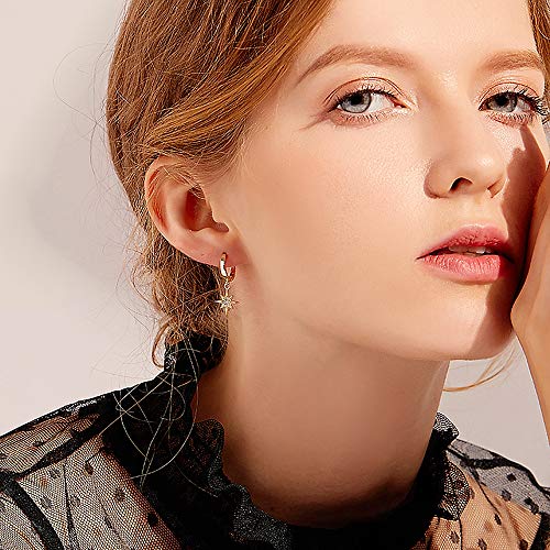 Crystal Moon Star Dangle Hoop Earrings For Women Teen Girls S925 Sterling Silver With Charms Asymmetrical Cz Diamond Drop Cartilage Cute Jewelry Delicate Fashion Birthday Gift Best Friend Gold Plated #TOP2