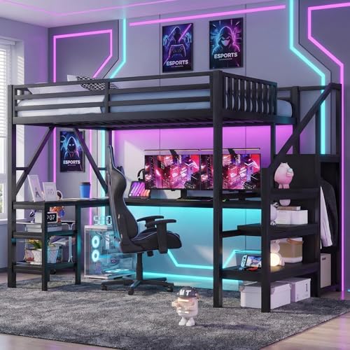 MoproBeti Full Size Loft Bed with Desk and Stairs,Metal Gaming Loft Bed Full with Wardrobe and Shelf, High Loft Bed with LED & USB Charging Station for Teens, Adults, Space Saving Design,Black