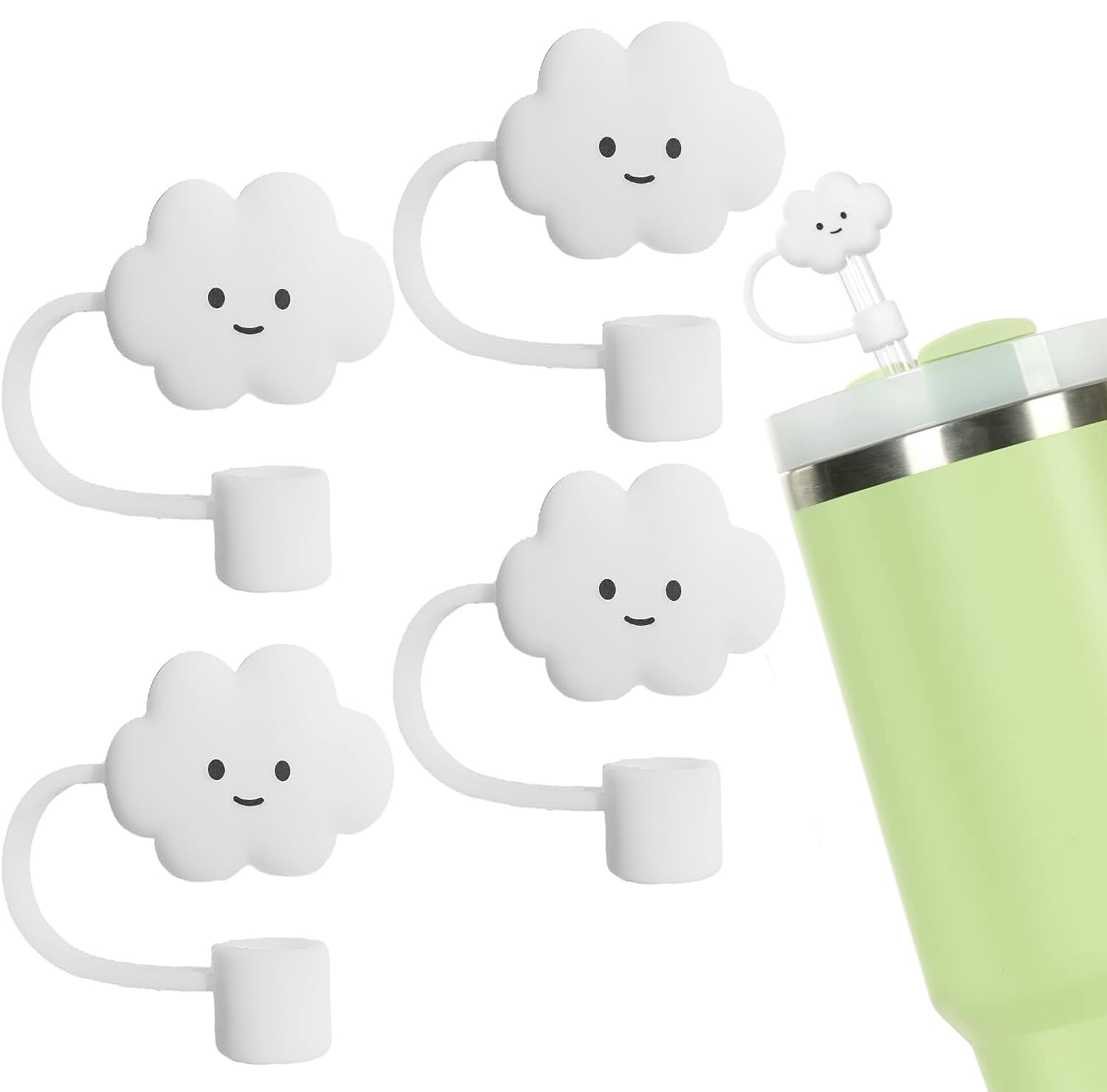 VELEGO 4Pcs Straw Cover Cap for Stanley, Reusable Cloud Shape Straw Toppers, Food Grade Drinking Straw Tips, Silicone Straw Plugs, Anti-Dust Straw Cap for for 7-8 mm (0.27-0.31 Inch) Diameter, White