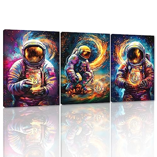 MAMAGO Astronaut Golden Bitcoin Wall Art Abstract 3 Pieces Astronaut Virtual Currency Canvas Prints Painting for Living Room Office Hotel Modern Home Wall Decor Framed Ready to Hang - 12"x16"x3pcs