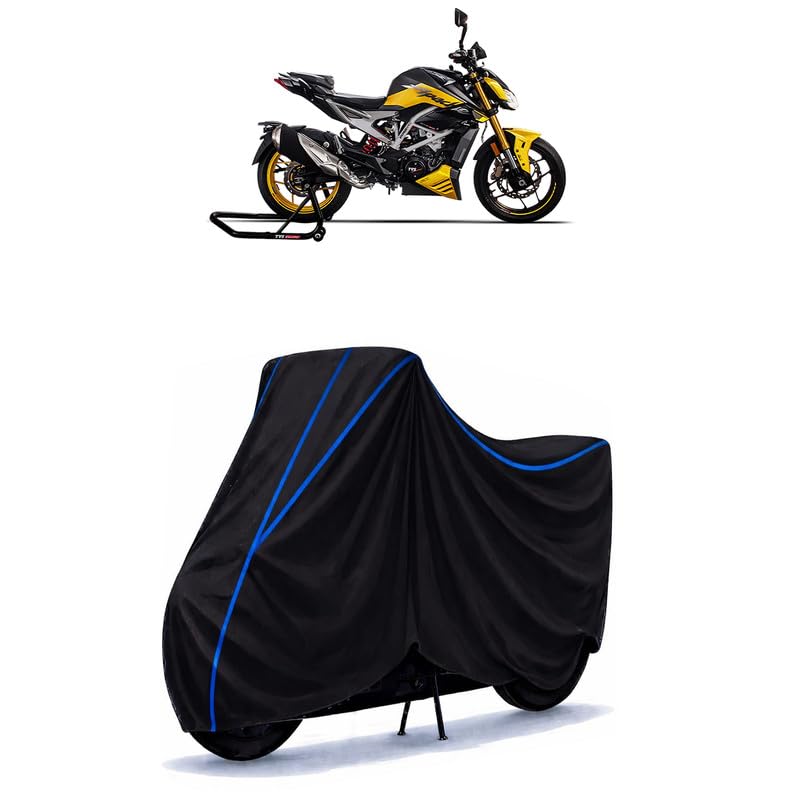 Image of TVS Apache RTR 310 Bike Cover Water Resistant Universal Motorcycle Rain | Heavy Duty UV Protection, Dust, Scratch Indoor Outdoor All Weather with Black Blue Piping Elastic