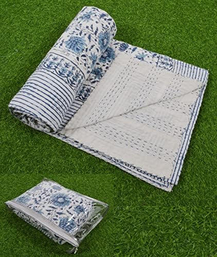 Indian Hand Block Print Kantha Quilt, Cotton Bed Cover, Twin/Queen Bedspread, Handmade Coverlet Blanket (Block 08, Queen) - Image 2