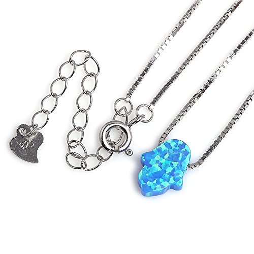 Hamsa Hand Pendant Necklace Sterling Silver Created Fire Opal Adjustable Cable Box Chain in 16"-18"4