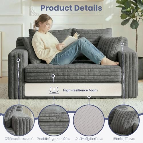 3-in-1 Convertible Sofa Bed: Boneless Loveseat Sleeper & Folding Couch Bed with 4 Pillows & Detachable Cushion, Furry Futon Couch for Bedroom, Apartment, Office and Living Room, No Assembly, Grey - Image 6