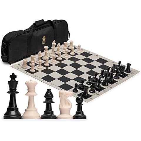 Yellow Mountain Imports Regulation Tournament Roll-Up Staunton Chess Game Set (50cm) with Travel Bag, 2 Extra Queens, and Weighted Chessmen - Black Cover