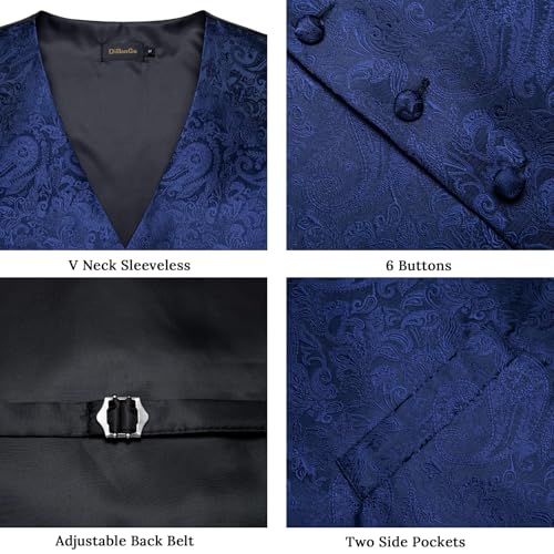 Image of DiBanGu Mens Vest and Tie Set Formal Paisley Waistcoat and Necktie Pocket Square Cufflinks Silk Suit Vest for Tuxedo Wedding