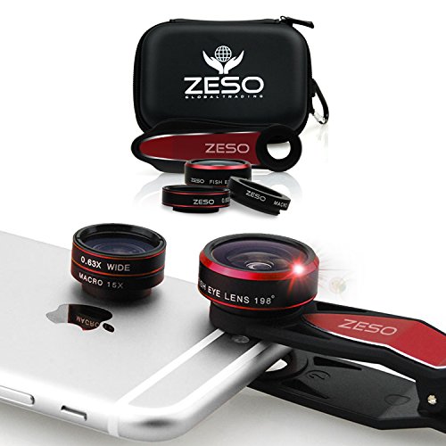 iPhone Lens 3 In 1 Kit by Zeso | Professional Fisheye, Macro & Wide Angle Lenses | For iPhone, Samsung Galaxy, Android, iPads, Tablets | Universal Phone Clip & Hard Storage Case | 4 Colors Camera Lens