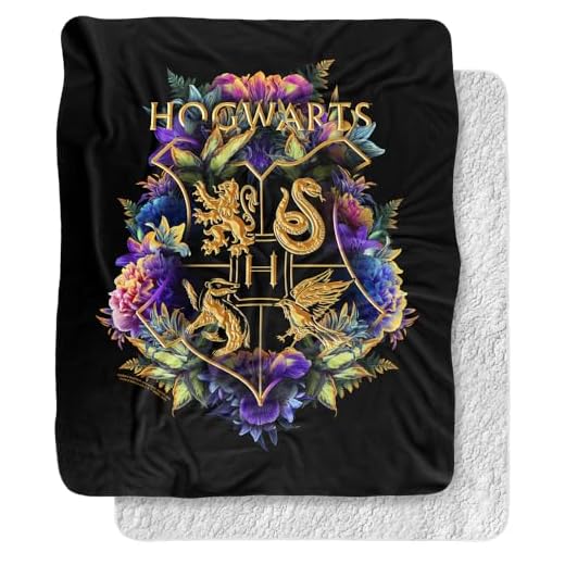 Harry Potter Blanket, 50"x60", Hogwarts Multi-Colored Floral Crest Silky Touch Sherpa Back Super Soft Throw Blanket