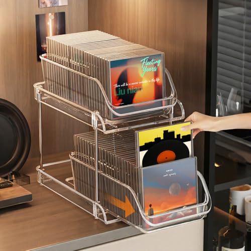 Clear CD Organizer, 2-Tier Sliding Drawer Storage Shelf - Holds 48 CDs, Versatile Organizer for CDs, Cosmetics, Cups (9.8