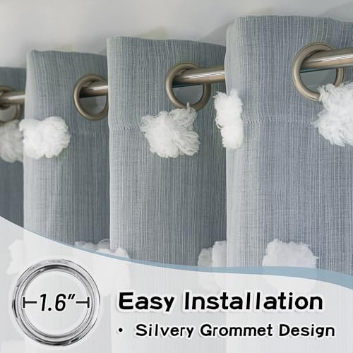 Image of MYSKY HOME Dusty Blue Curtains for Bedroom & Kids Room - 54 Inch Long, Double Layer, White Pom Pom, Sheer, Grommet, Darkening, Small Window, 2 Panels, 52 x 54 in