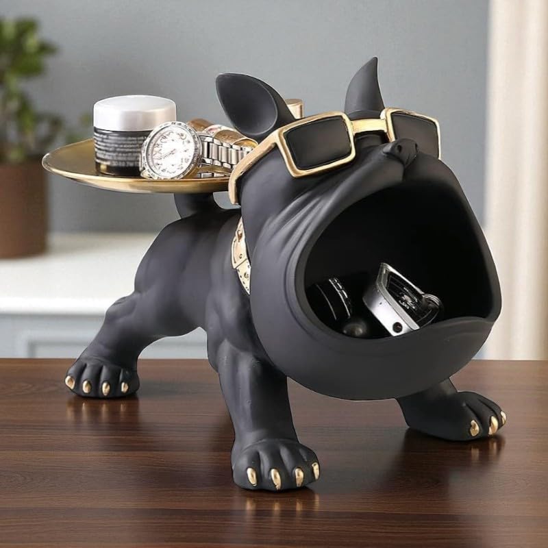 Image of Bulldog Resin Storage Tray | Decorative Dog Statue with Sunglasses | Multifunctional Remote, Key & Coin Holder for Home, Office, Entryway, or Living Room Decor (Black)