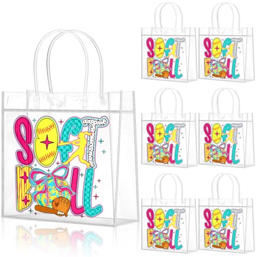 Wesnoy 20 Pcs Coquette Softball Goodie Bags with Handles Bow Glitter Preppy Reusable Sports Treat Bags for Candy Birthday Party Supplies 8 x 8 x 3.15(Softball)