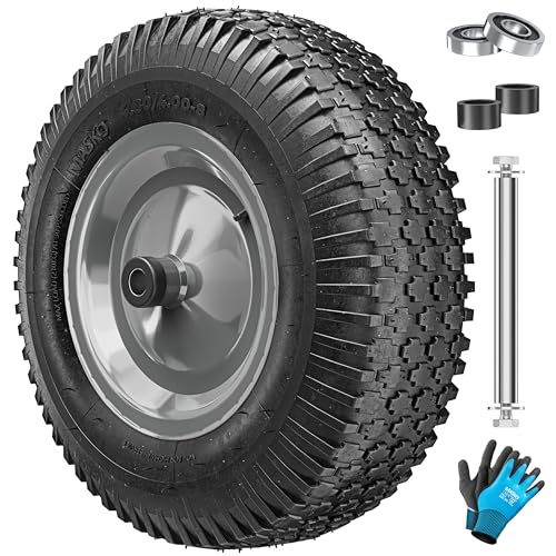 MASKO® Schubkarrenrad Luftbereifung 250kg Ersatzrad Luftreifen Schubkarre Gartenkarre 40cm / 15,6' extrabreit 9,5cm Luft-Rad pannensicherer Reifen mit Stahlfelge & Handschuhe Karbonstahl-Kugellager