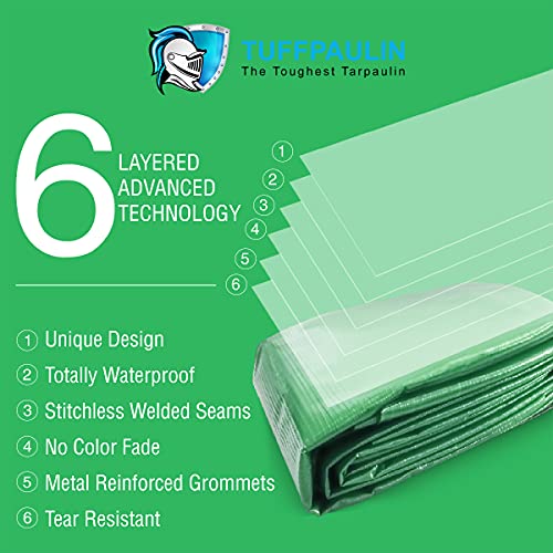Image of TUFFPAULIN 12FT X 10FT 120 GSM Green Tarpaulin Tirpal Tadpatri Tharpai Thadika, Extra Strong, Reinforced Eyelets, UV Resistant, 100% Waterproof Virgin, 6 Layer MLCL 3D Rib Technology-1 No.
